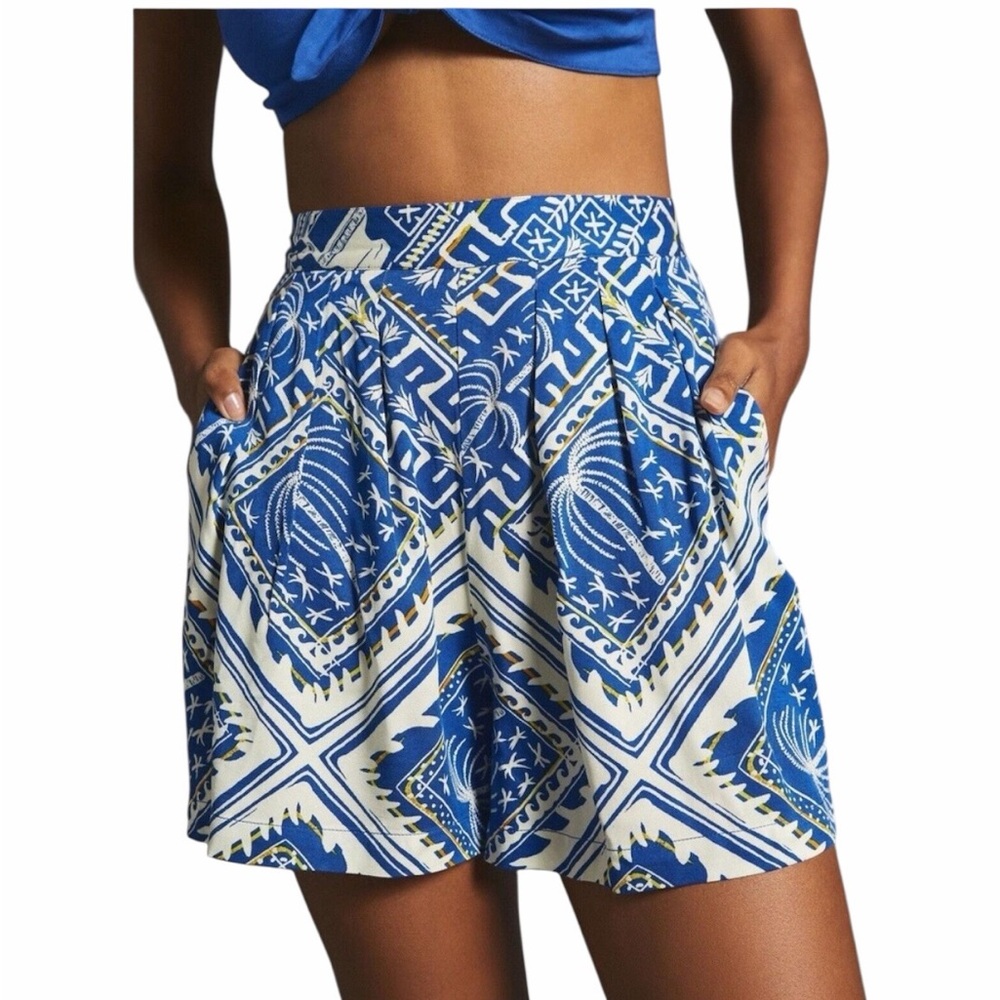 Corey Lynn Calter Blue White Resort Print High Rise Pull-On Shorts Pockets M